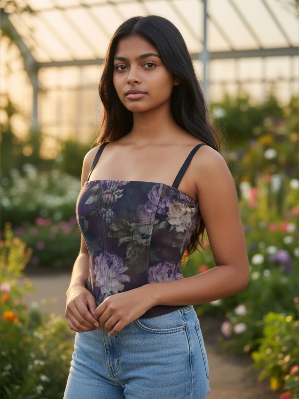 Ticci Tonetto Purple Floral Mesh Corset Top with Black Trim